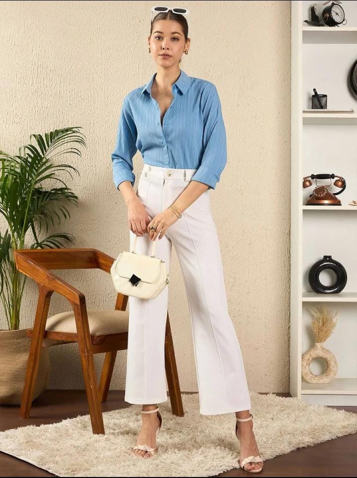 Women’s Sky Blue Spread Collar Casual Shirt