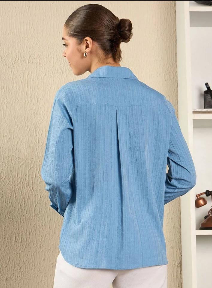 Women’s Sky Blue Spread Collar Casual Shirt