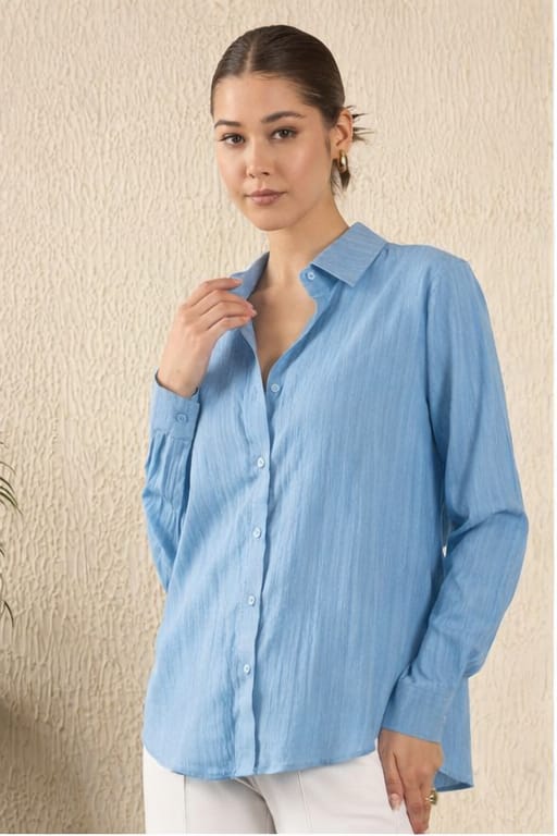 Women’s Sky Blue Spread Collar Casual Shirt