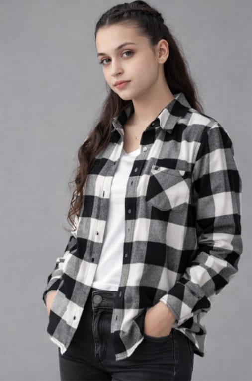 Women’s Casual Checked Shirt in White and Black |