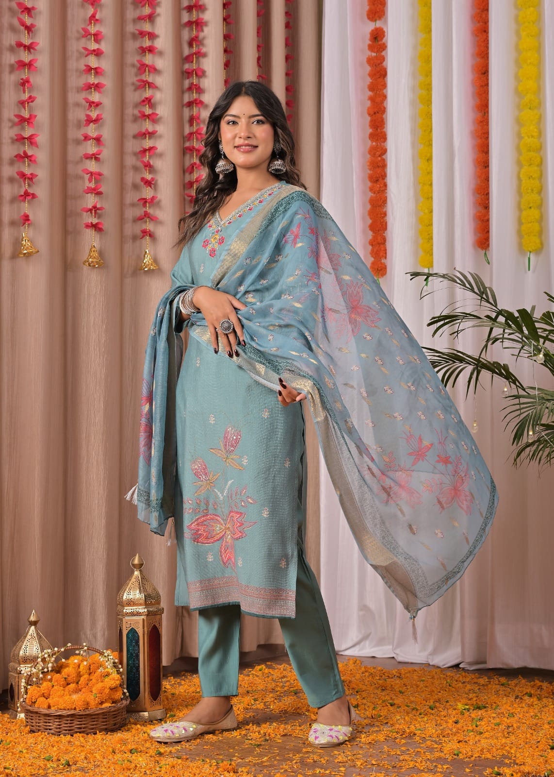 Women’s Soft Teal Banarasi Suit Set with Dupatta & Pant