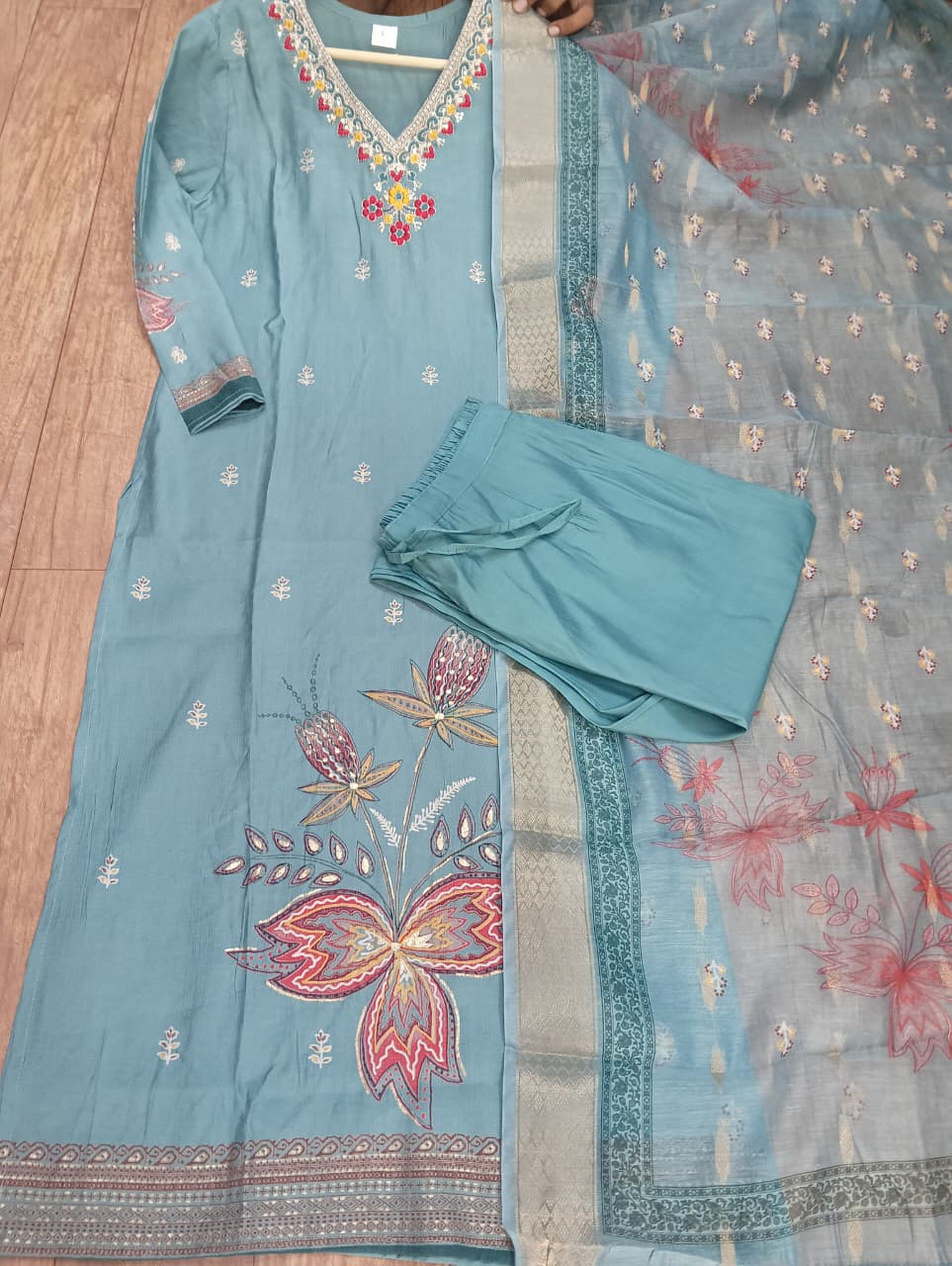 Women’s Soft Teal Banarasi Suit Set with Dupatta & Pant