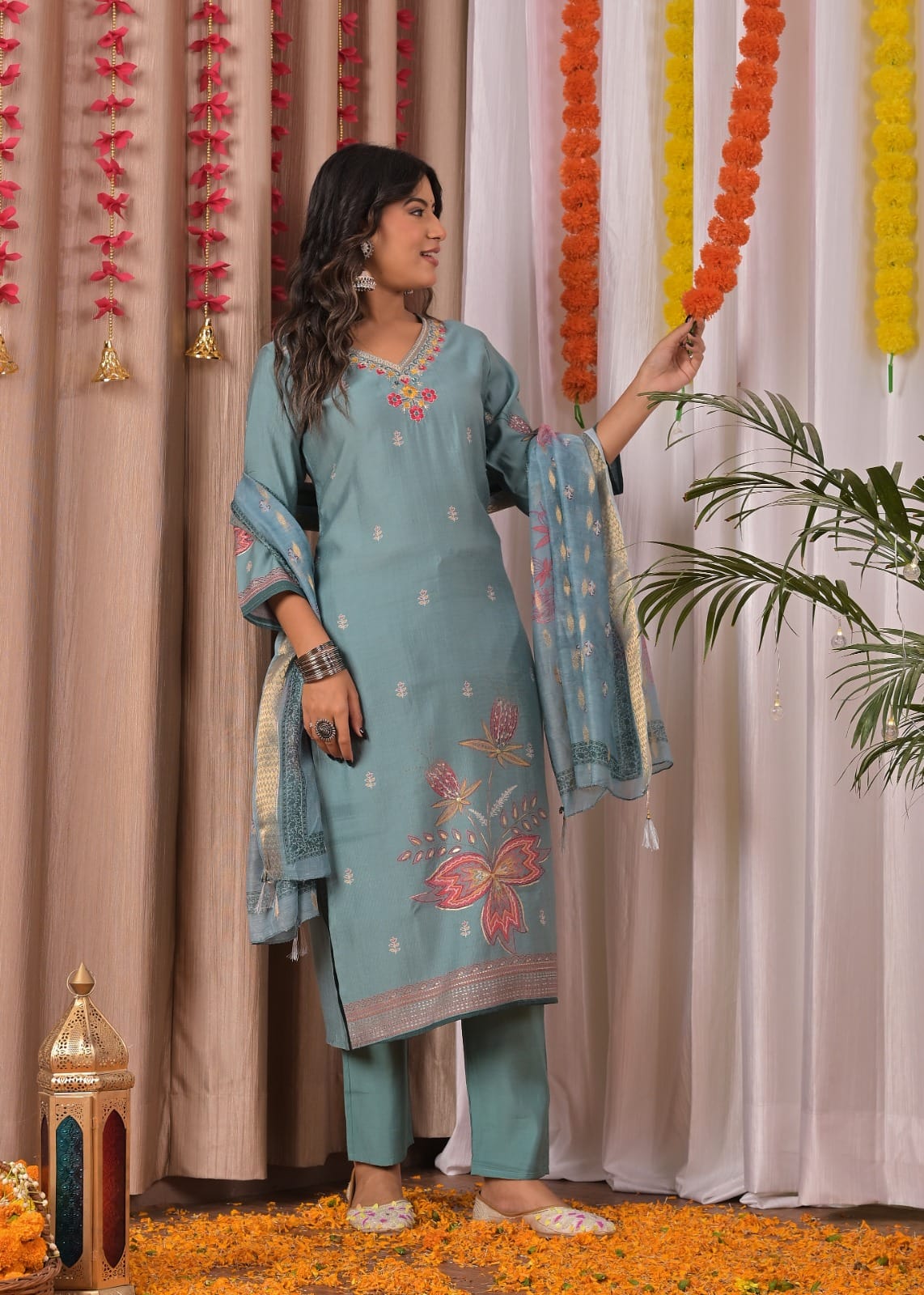 Women’s Soft Teal Banarasi Suit Set with Dupatta & Pant