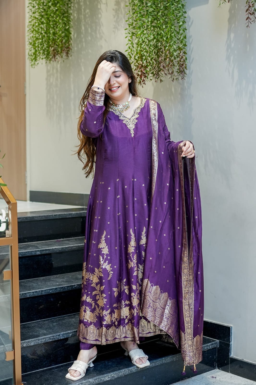 Premium Purple Banarasi Anarkali Suit Set for Women