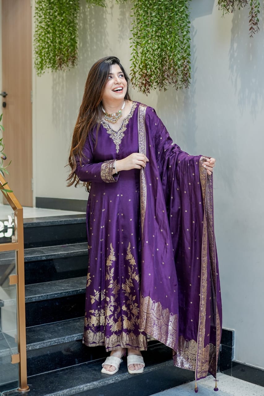 Premium Purple Banarasi Anarkali Suit Set for Women