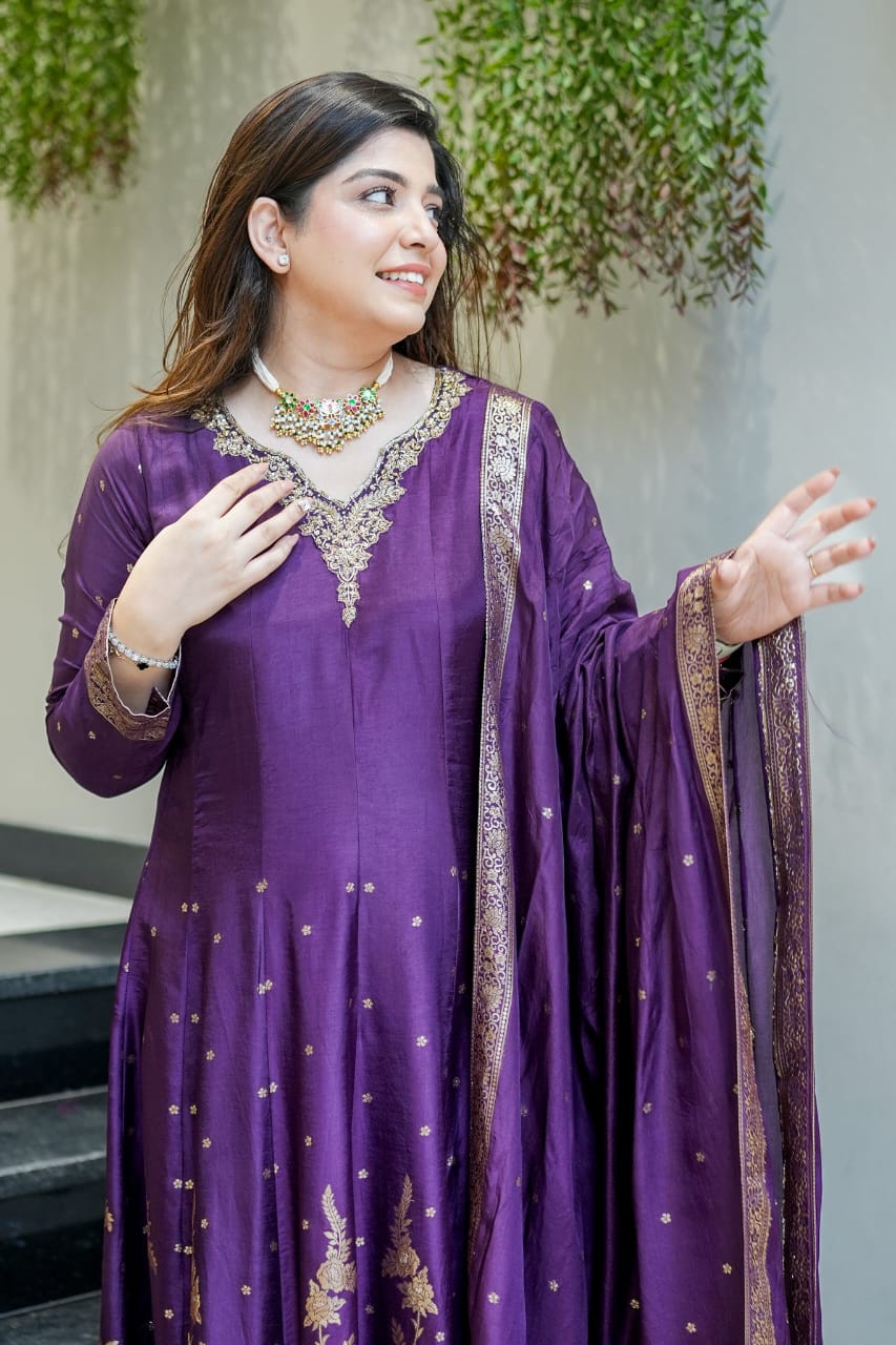 Premium Purple Banarasi Anarkali Suit Set for Women