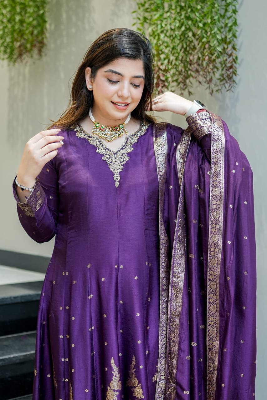 Premium Purple Banarasi Anarkali Suit Set for Women