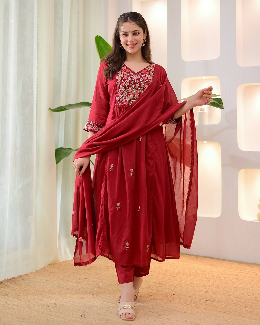 Maroon Cotton Embroidered Kurti Set with Pant & Dupatta