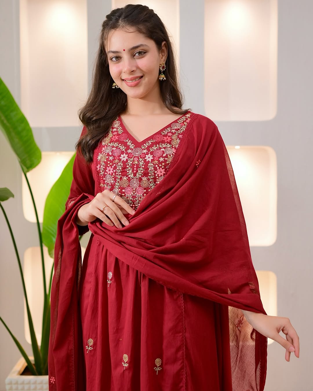 Maroon Cotton Embroidered Kurti Set with Pant & Dupatta
