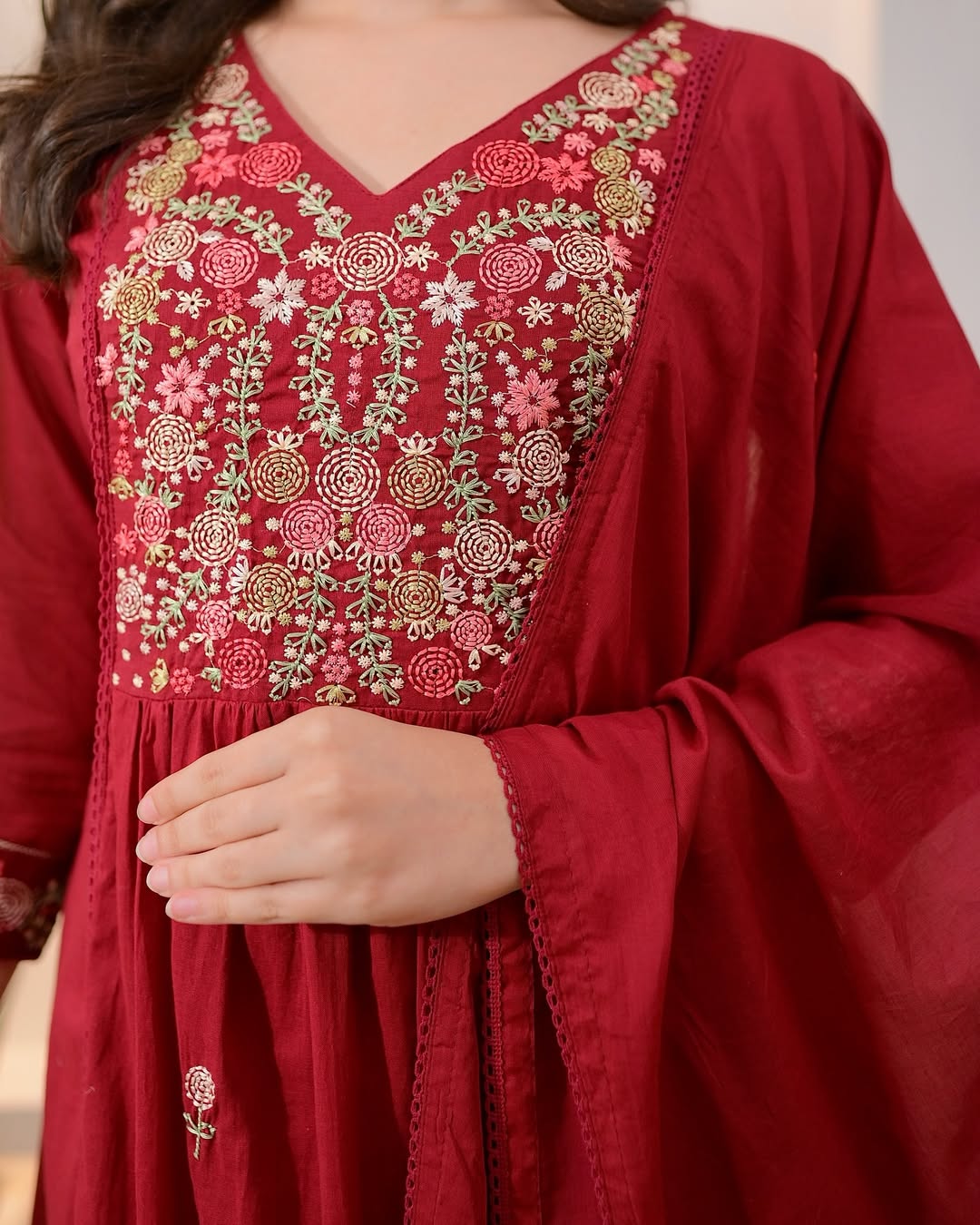 Maroon Cotton Embroidered Kurti Set with Pant & Dupatta