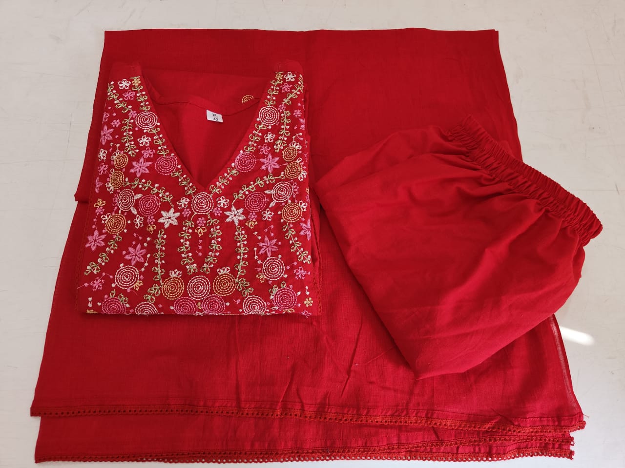 Maroon Cotton Embroidered Kurti Set with Pant & Dupatta