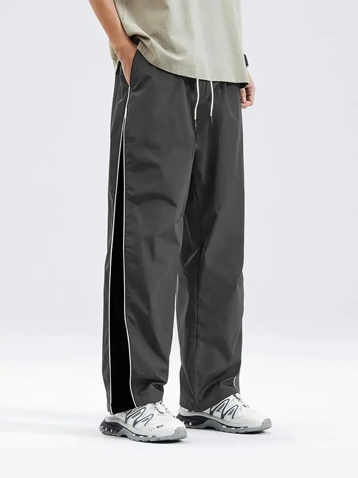 Men Striped Grey & Black Track Pants
