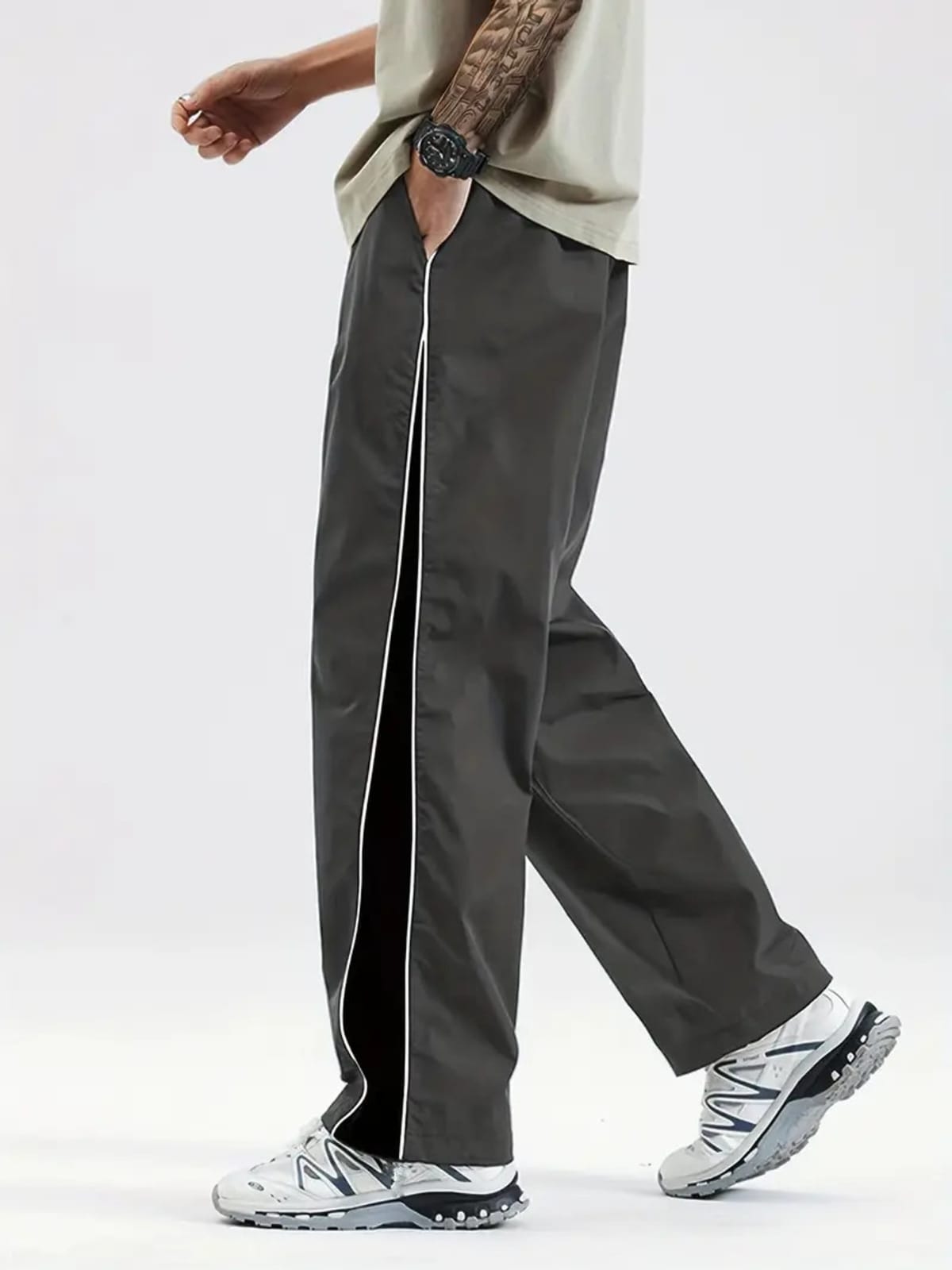Men Striped Grey & Black Track Pants