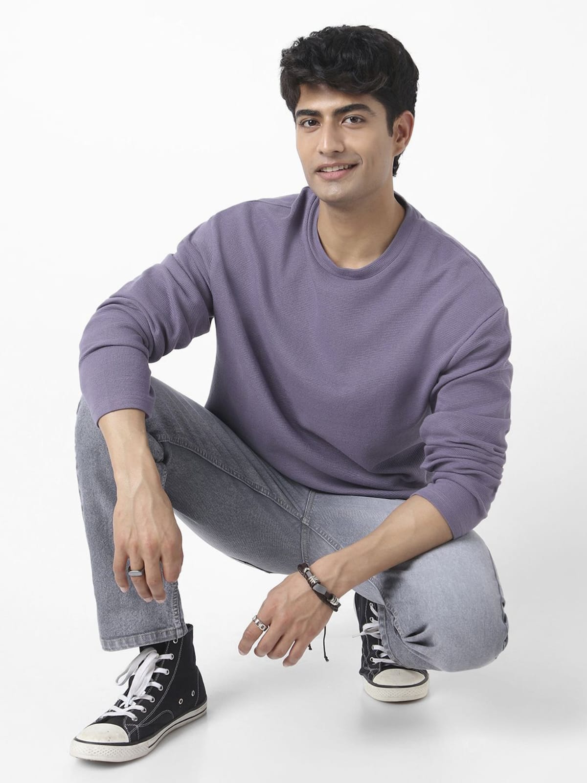 Men Solid Round Neck Pure Cotton Purple T-Shirt