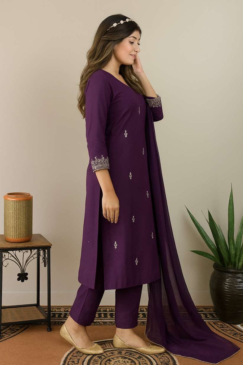 Women's Embroidered Kurta, Salwar & Dupatta Set — Purple | S • M • L • XL • XXL