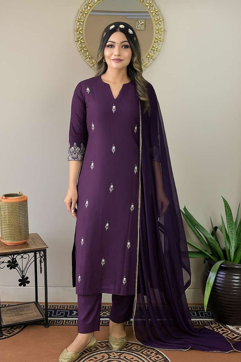 Women's Embroidered Kurta, Salwar & Dupatta Set — Purple | S • M • L • XL • XXL