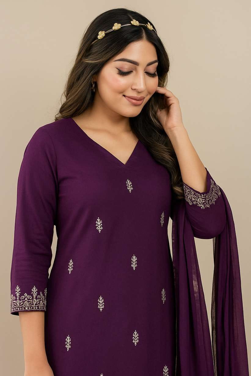 Women's Embroidered Kurta, Salwar & Dupatta Set — Purple | S • M • L • XL • XXL