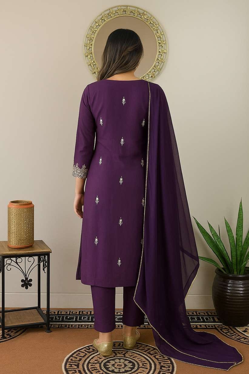 Women's Embroidered Kurta, Salwar & Dupatta Set — Purple | S • M • L • XL • XXL