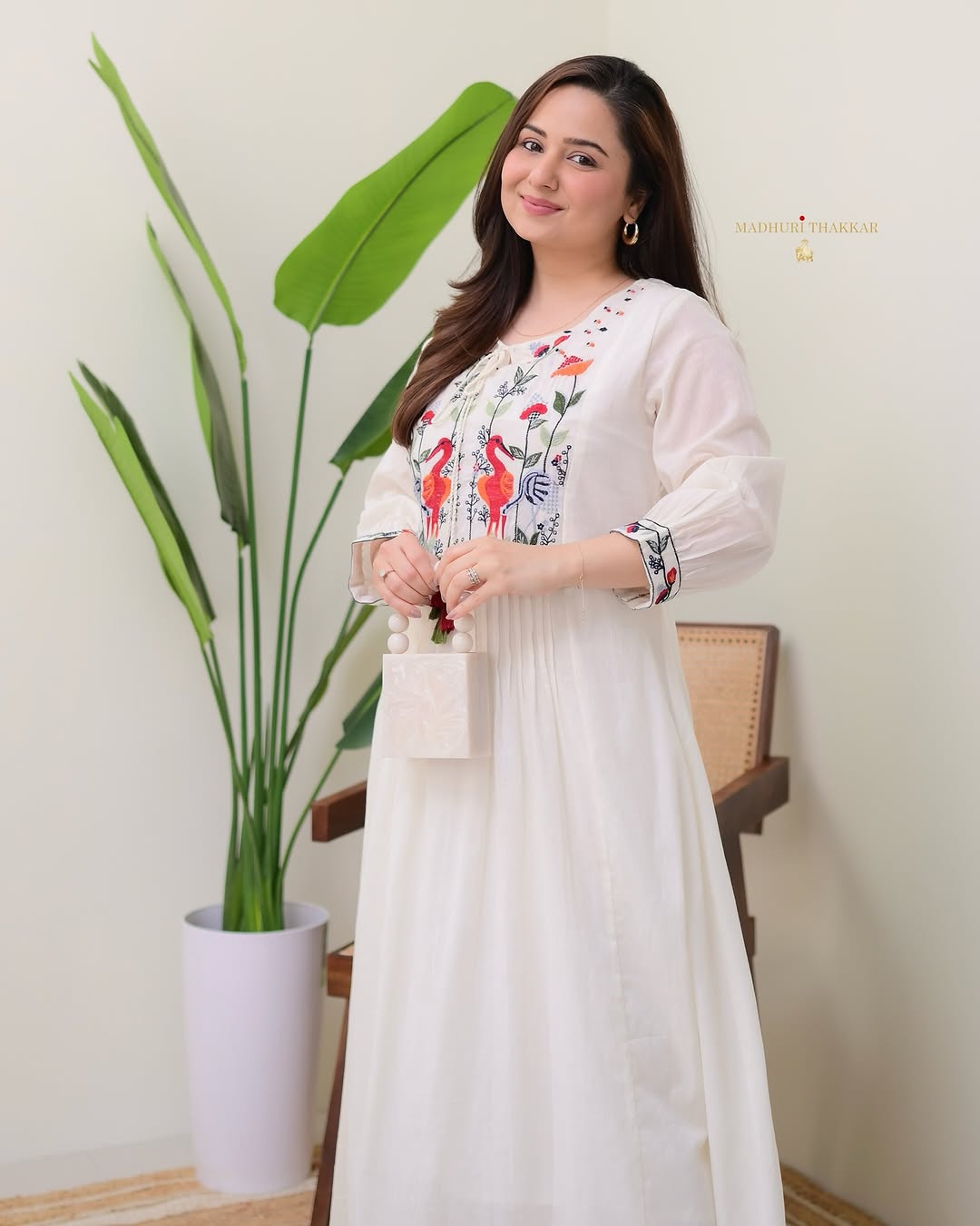 Embroidered White Cotton A-Line Kurta with Hand-Tassels & Bird Motif