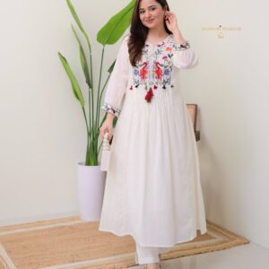 Embroidered White Cotton A-Line Kurta with Hand-Tassels & Bird Motif