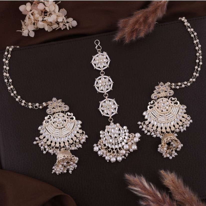 Jewel Set (White) — Pearl & Kundan-Style Jhumka Earrings with Matching Maang Tikka