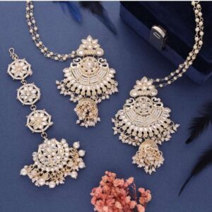 Jewel Set (White) — Pearl & Kundan-Style Jhumka Earrings with Matching Maang Tikka