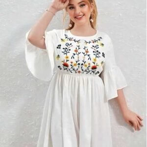 Embroidered White Babydoll Top | Flared Bell Sleeves | Gathered | Waist S–XL