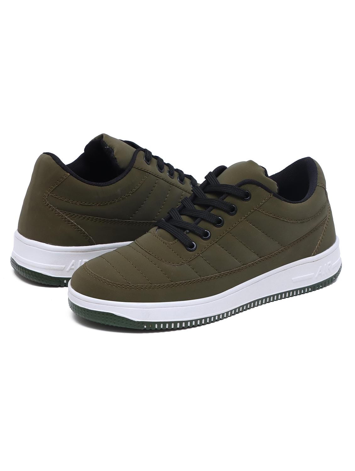 Men's Olive Green Quilted Sneaker Shoes | Casual Lace-Up Low-Top Trainers with White Platform Sole | Lightweight Daily Wear Sneakers for Men