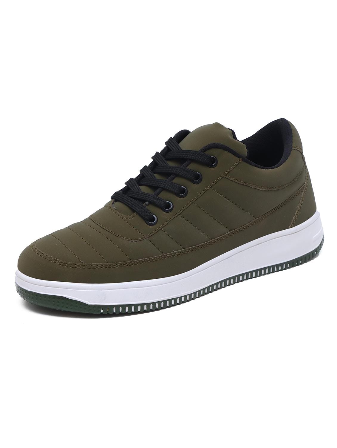 Men's Olive Green Quilted Sneaker Shoes | Casual Lace-Up Low-Top Trainers with White Platform Sole | Lightweight Daily Wear Sneakers for Men