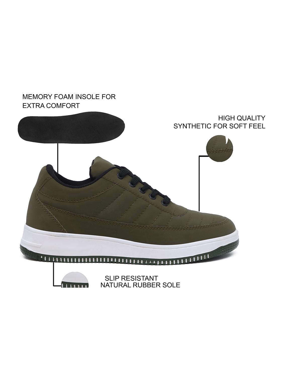 Men's Olive Green Quilted Sneaker Shoes | Casual Lace-Up Low-Top Trainers with White Platform Sole | Lightweight Daily Wear Sneakers for Men