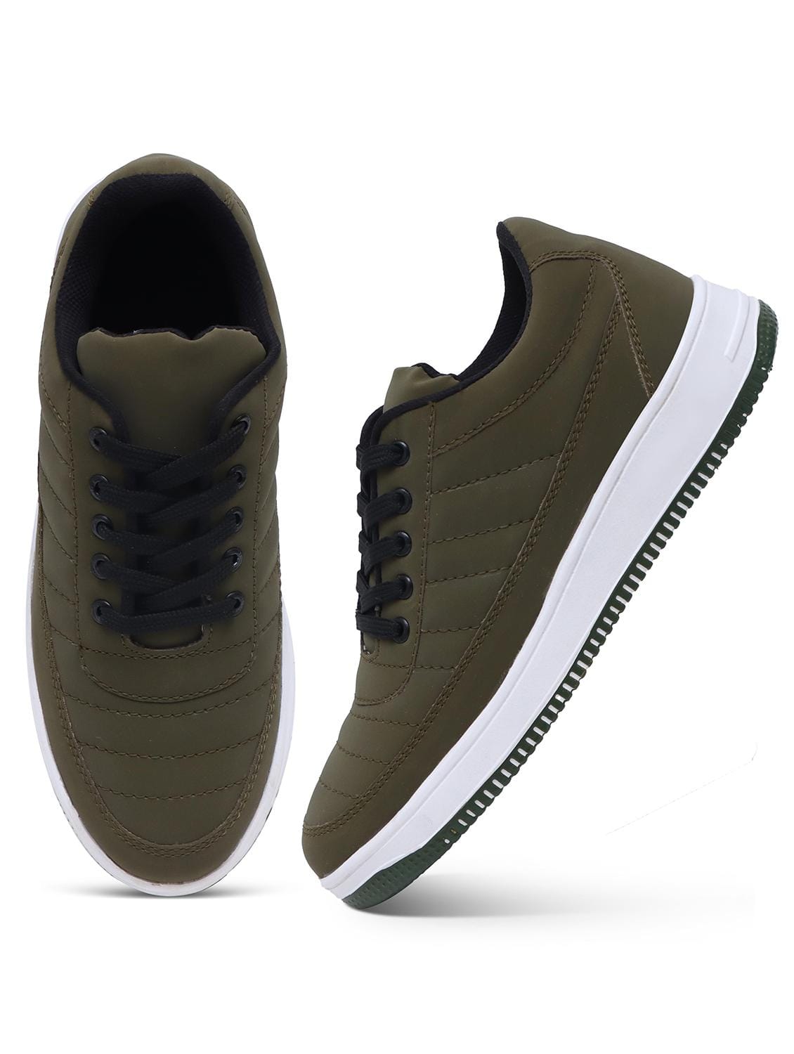 Men's Olive Green Quilted Sneaker Shoes | Casual Lace-Up Low-Top Trainers with White Platform Sole | Lightweight Daily Wear Sneakers for Men