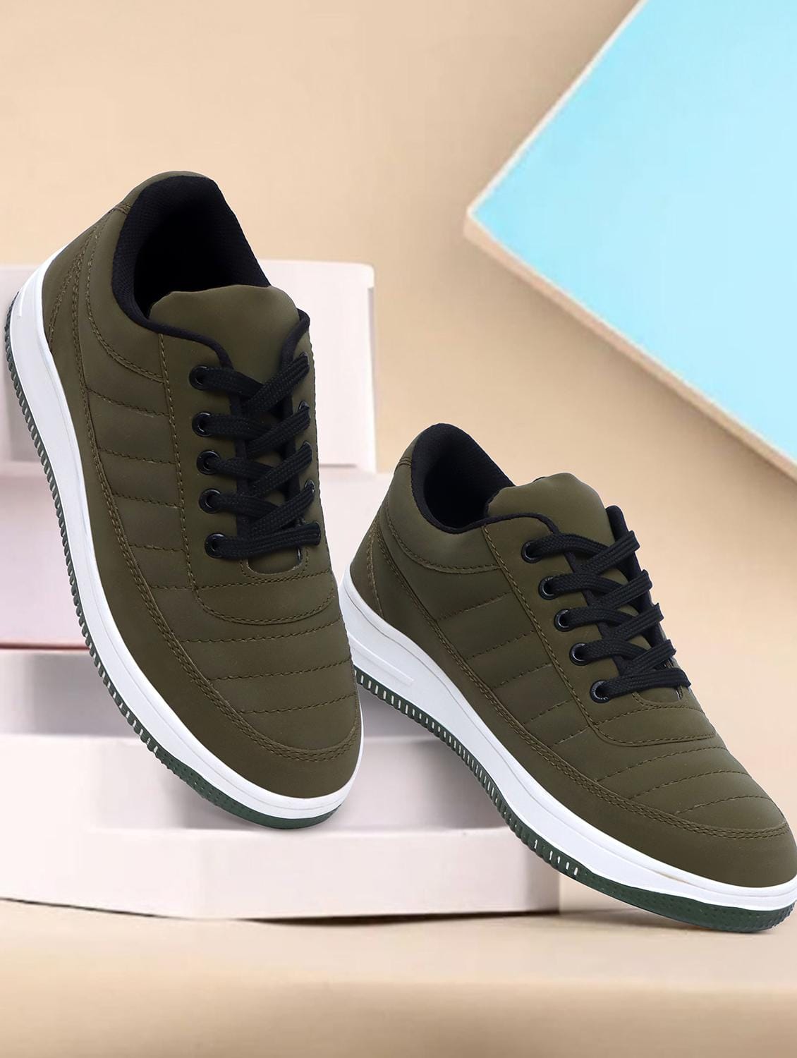 Men's Olive Green Quilted Sneaker Shoes | Casual Lace-Up Low-Top Trainers with White Platform Sole | Lightweight Daily Wear Sneakers for Men
