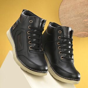 Men’s Black High-Top Ankle Boots | Lace-Up Synthetic Leather Casual Boot with Cream Textured Sole | Stylish Outdoor and Party Wear Boots for Men