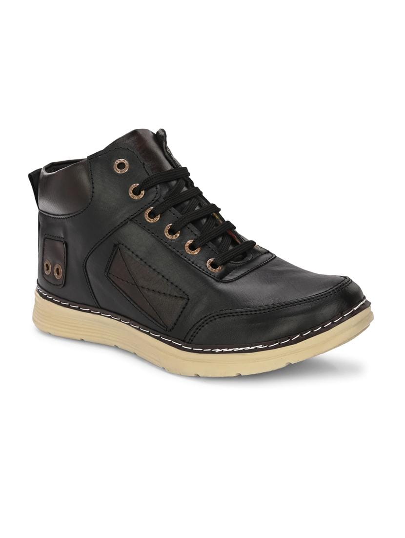 Men's Black High-Top Ankle Boots | Lace-Up Synthetic Leather Casual Boot with Cream Textured Sole | Stylish Outdoor and Party Wear Boots for Men