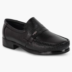 Men’s Black Formal Slip-On Loafer Shoes | Premium Synthetic Leather Office Shoes with Moc Toe and Block Heel | Classic Business Shoes for Men