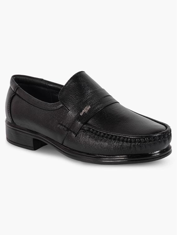 Men's Black Formal Slip-On Loafer Shoes | Premium Synthetic Leather Office Shoes with Moc Toe and Block Heel | Classic Business Shoes for Men
