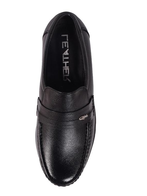 Men's Black Formal Slip-On Loafer Shoes | Premium Synthetic Leather Office Shoes with Moc Toe and Block Heel | Classic Business Shoes for Men