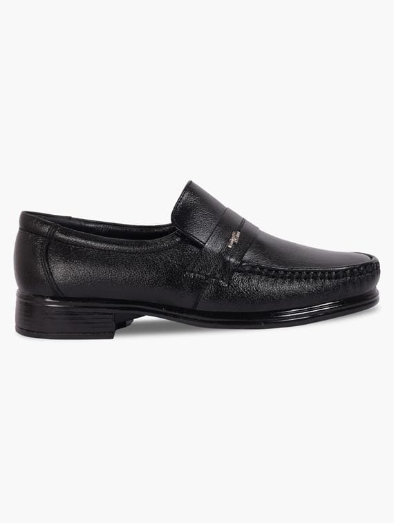Men's Black Formal Slip-On Loafer Shoes | Premium Synthetic Leather Office Shoes with Moc Toe and Block Heel | Classic Business Shoes for Men