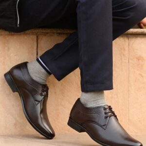 Men’s Brown Derby Formal Shoes | Lace-Up Oxford Style with Textured Back Panel and Pointed Toe | Premium Office and Wedding Shoes for Men