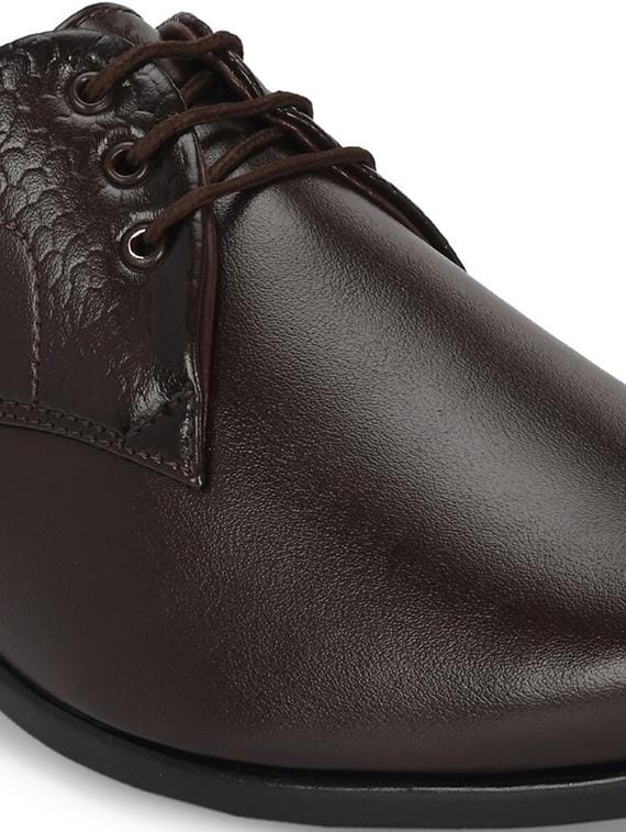 Men's Brown Derby Formal Shoes | Lace-Up Oxford Style with Textured Back Panel and Pointed Toe | Premium Office and Wedding Shoes for Men