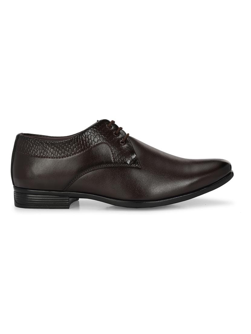 Men's Brown Derby Formal Shoes | Lace-Up Oxford Style with Textured Back Panel and Pointed Toe | Premium Office and Wedding Shoes for Men