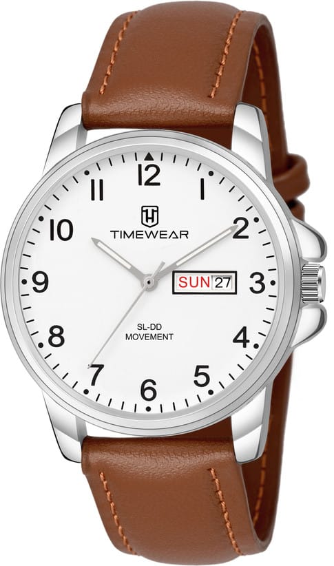 Men's Slim Analog Watch with Silver Dial and Brown Baton Hands | Silver Stainless Steel Bracelet | Minimalist Formal Watch for Men | 30M Water Resistant