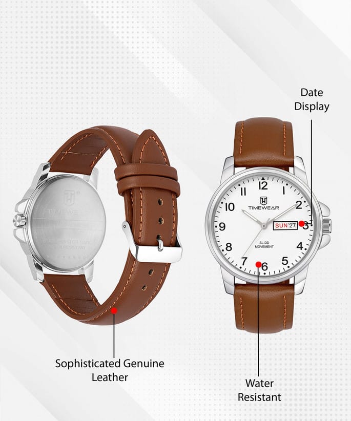 Men's Slim Analog Watch with Silver Dial and Brown Baton Hands | Silver Stainless Steel Bracelet | Minimalist Formal Watch for Men | 30M Water Resistant