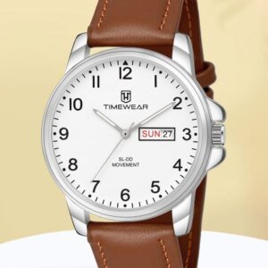 Men’s Slim Analog Watch with Silver Dial and Brown Baton Hands | Silver Stainless Steel Bracelet | Minimalist Formal Watch for Men | 30M Water Resistant