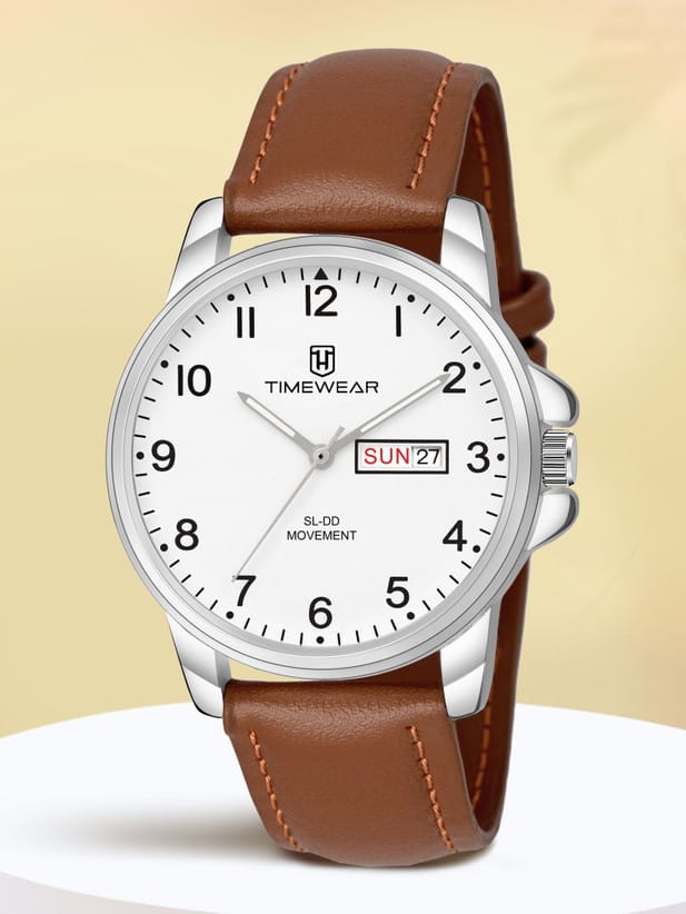 Men's Slim Analog Watch with Silver Dial and Brown Baton Hands | Silver Stainless Steel Bracelet | Minimalist Formal Watch for Men | 30M Water Resistant