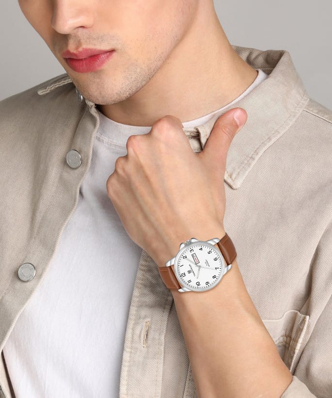 Men's Slim Analog Watch with Silver Dial and Brown Baton Hands | Silver Stainless Steel Bracelet | Minimalist Formal Watch for Men | 30M Water Resistant