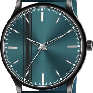 Generic Men’s Analog Watch with Green Carbon Fiber Texture Dial and Silver Stainless Steel Bracelet | Day and Date Display | 40mm Case | 30M Water Resistant | Office and Casual Watch for Men