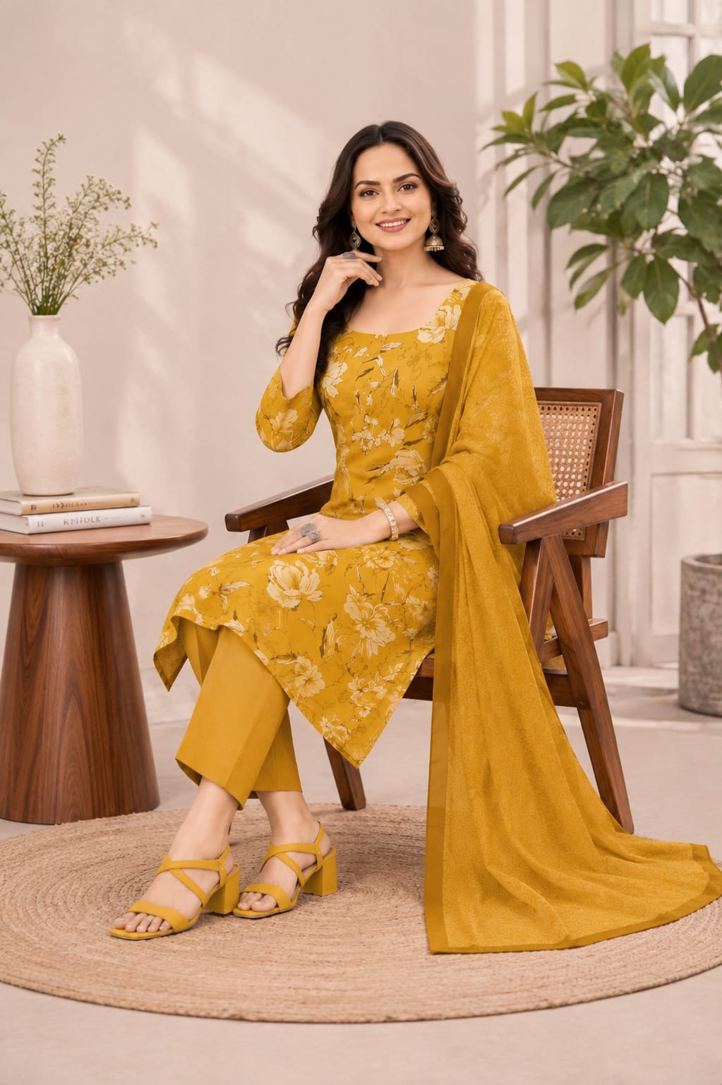 Women's Mustard Yellow Floral Printed Straight Kurta Set with Pant & Dupatta