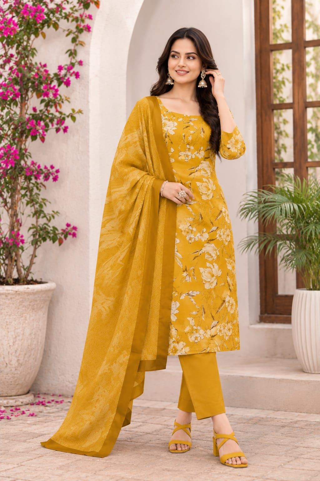 Women's Mustard Yellow Floral Printed Straight Kurta Set with Pant & Dupatta