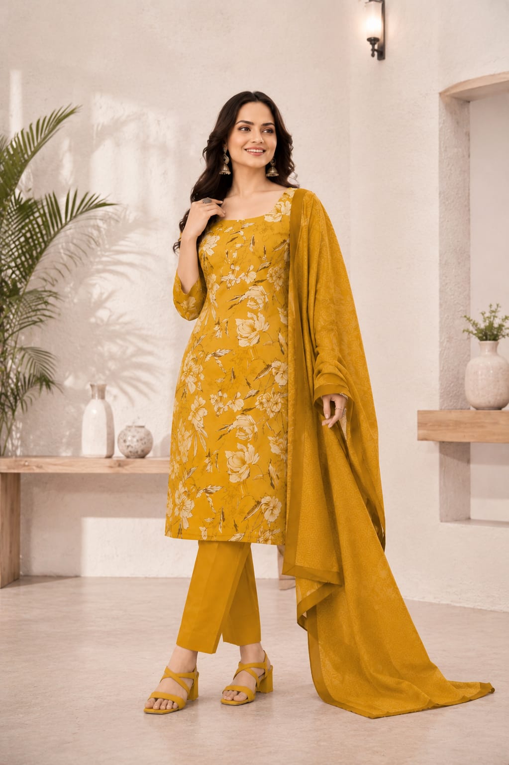 Women's Mustard Yellow Floral Printed Straight Kurta Set with Pant & Dupatta